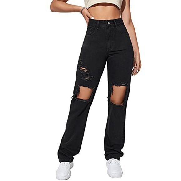 SweatyRocks Pants - SweatyRocks Women's Casual Loose Ripped Denim Pants Distressed Wide Leg Jeans